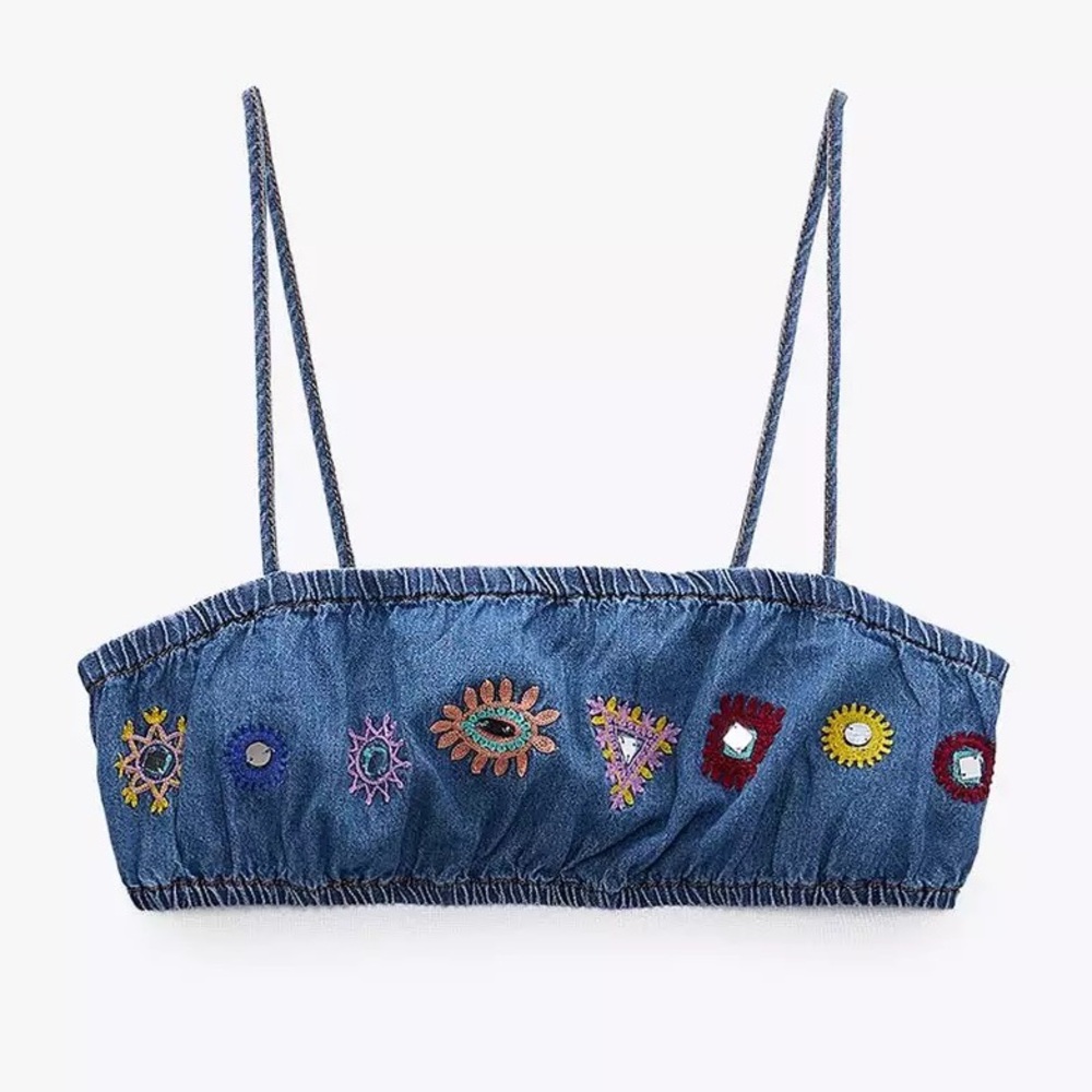 Zara Blue Denim Patchwork Embroidered Crop Top w/Spaghetti Straps NWOT Size - L